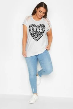 YOURS Curve White Leopard Print 'Love' Distressed T-Shirt