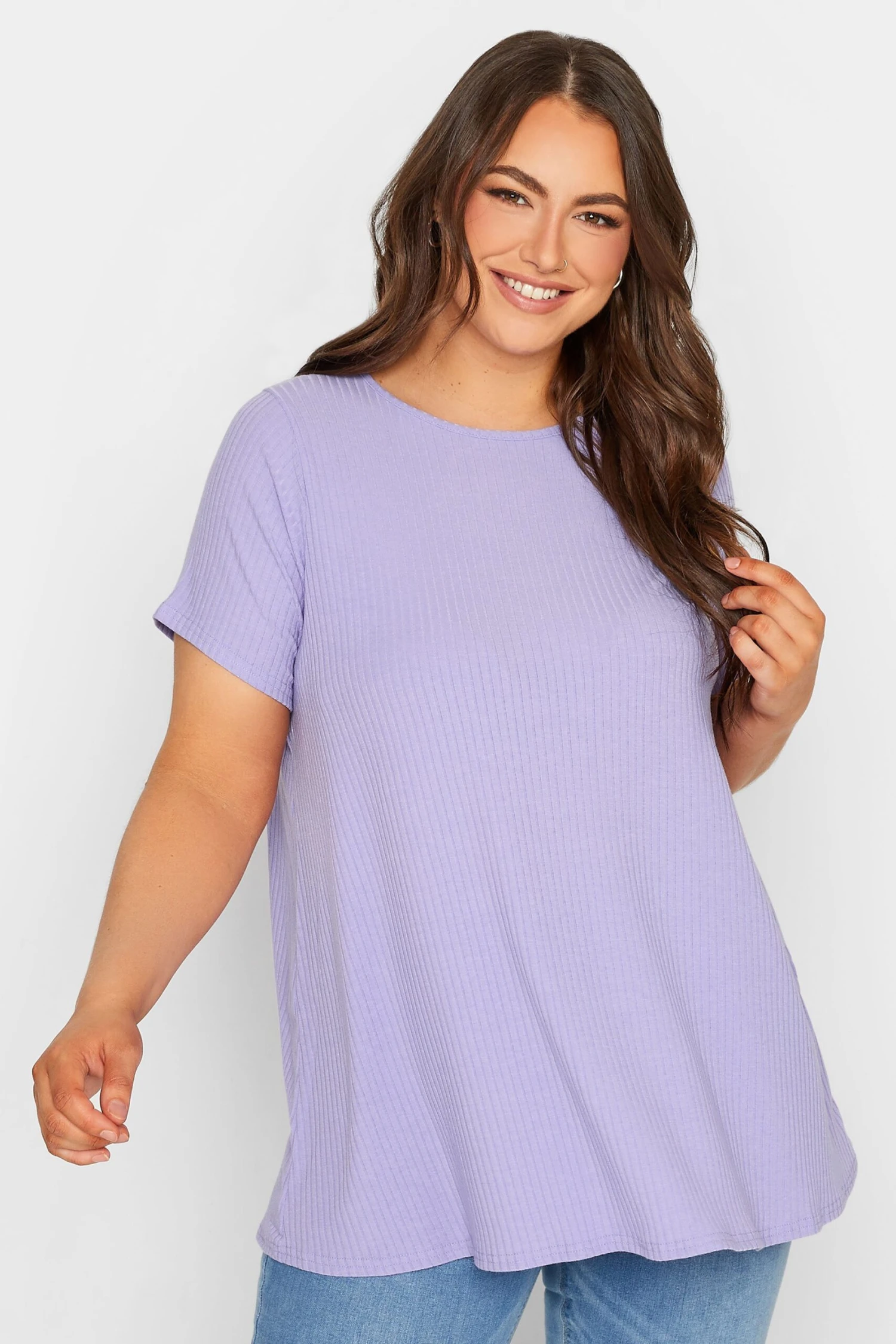 YOURS 2 PACK Curve White & Lilac Ribbed Swing T-Shirts 3 YOURS 2 PACK Curve White & Lilac Ribbed Swing T-Shirts