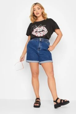 YOURS Curve Black 'J'adore' Slogan Lips Foil Print T-Shirt