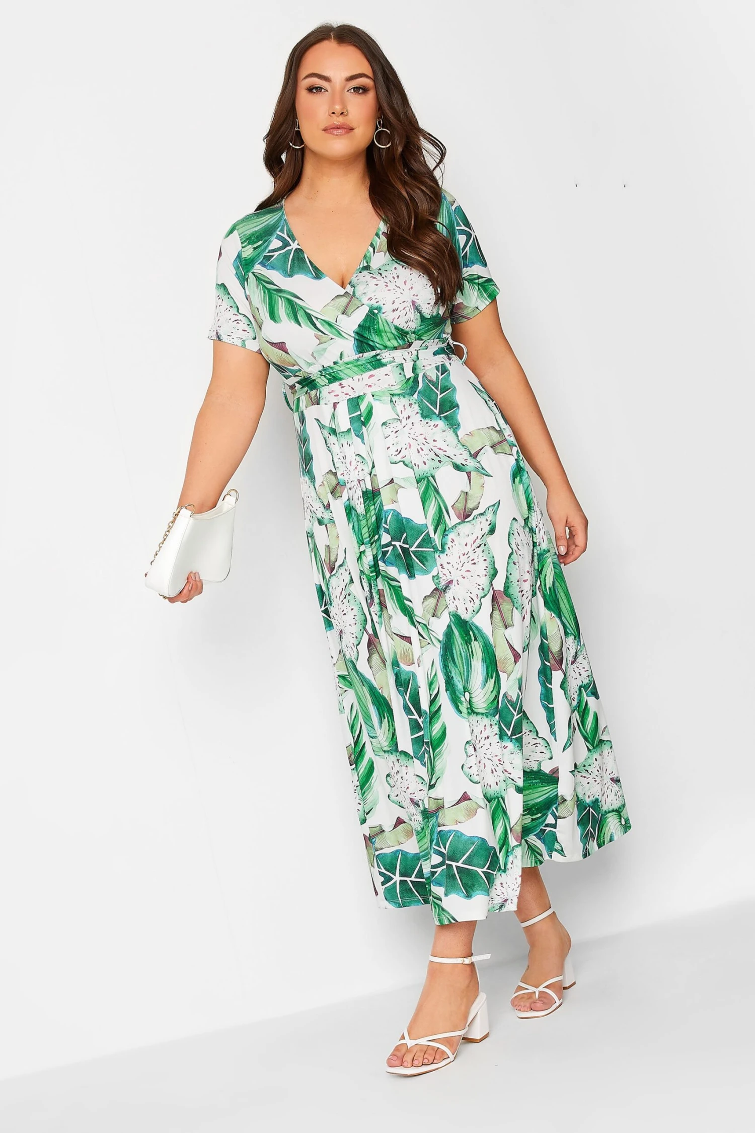 YOURS Curve White Leaf Print Maxi Wrap Dress 3 YOURS Curve White Leaf Print Maxi Wrap Dress