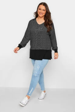 YOURS Curve Black Stripe Polo Scoop Neck Top