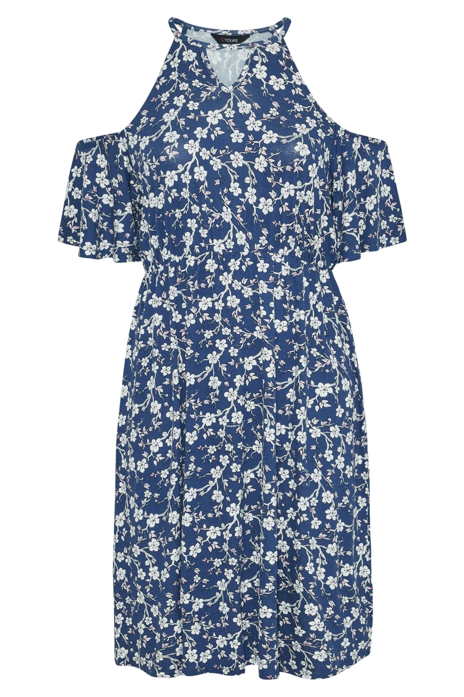 YOURS Curve Blue Floral Cold Shoulder Dress 7 YOURS Curve Blue Floral Cold Shoulder Dress - Image 5