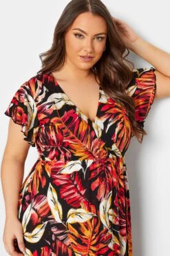 YOURS Curve Black & Orange Leaf Print Frill Sleeve Wrap Maxi Dress 10 YOURS Curve Black & Orange Leaf Print Frill Sleeve Wrap Maxi Dress -Plus Size Apparel Shop 0a59562b ebfe 44 301900 D