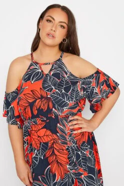 YOURS Curve Navy Blue Leaf Print Cold Shoulder Dress -Plus Size Apparel Shop 0b498203 0fb5 4f 300799 D