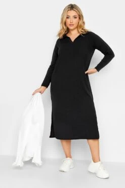 YOURS Curve Black Ribbed Collar Midi Dress