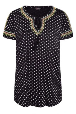 YOURS Curve Black Spot Print Embroidered Tie Neck Top -Plus Size Apparel Shop 0e3fa836 65d5 4a 300538 X