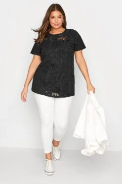 YOURS Curve Black Tropical Print Mesh T-Shirt