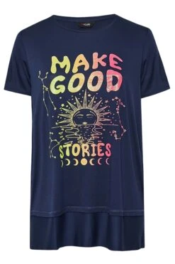 YOURS Curve Navy Blue 'Make Good Stories' Slogan T-Shirt -Plus Size Apparel Shop 18112423 e717 4f 300599 X