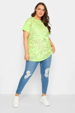 YOURS Curve Lime Green Floral Mesh Panel T-Shirt