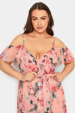 YOURS LONDON Curve Pink Cold Shoulder Floral Wrap Dress -Plus Size Apparel Shop 18a68976 effe 48 162050 D