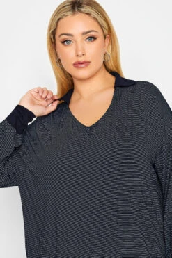 YOURS Curve Blue & Black Stripe Polo Neck Top -Plus Size Apparel Shop 1cf72b2b c907 41 301619 D