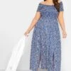 YOURS Curve Cobalt Blue Ditsy Print Shirred Bardot Maxi Dress 2 YOURS Curve Cobalt Blue Ditsy Print Shirred Bardot Maxi Dress -Plus Size Apparel Shop 1e9c5640 b30a 4a 137288 B