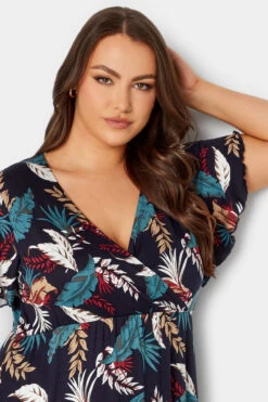 YOURS Curve Navy Blue Leaf Print Frill Sleeve Wrap Maxi Dress -Plus Size Apparel Shop 1faa4f03 e316 4f 301906 D