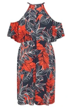 YOURS Curve Navy Blue Leaf Print Cold Shoulder Dress -Plus Size Apparel Shop 21583ebc 0984 40 300799 Y