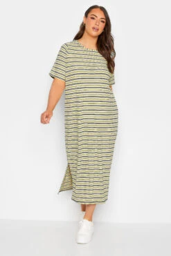 YOURS Curve Yellow Stripe Print Maxi T-Shirt Dress