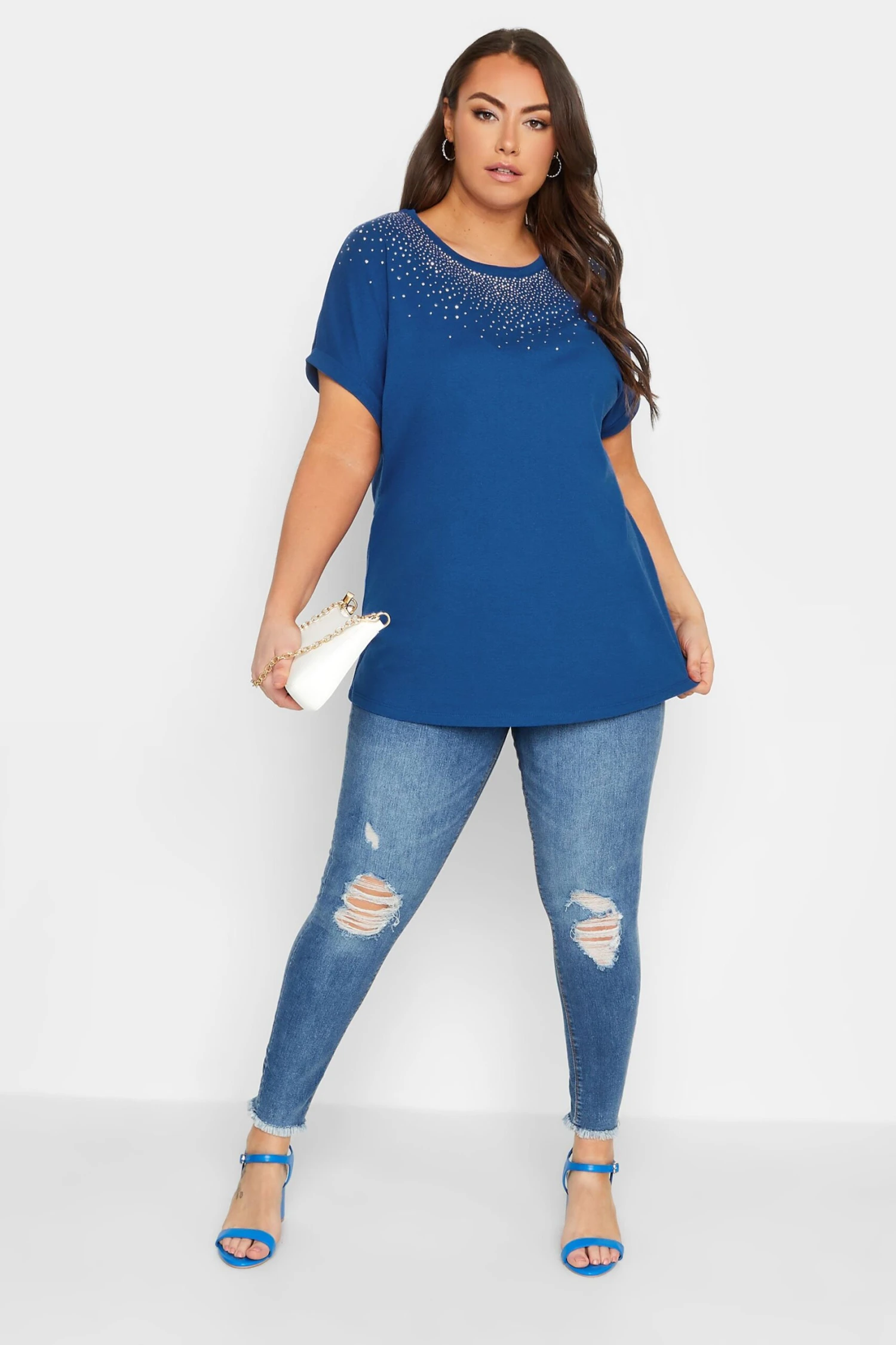 YOURS Curve Cobalt Blue Embellished Neck T-Shirt 3 YOURS Curve Cobalt Blue Embellished Neck T-Shirt