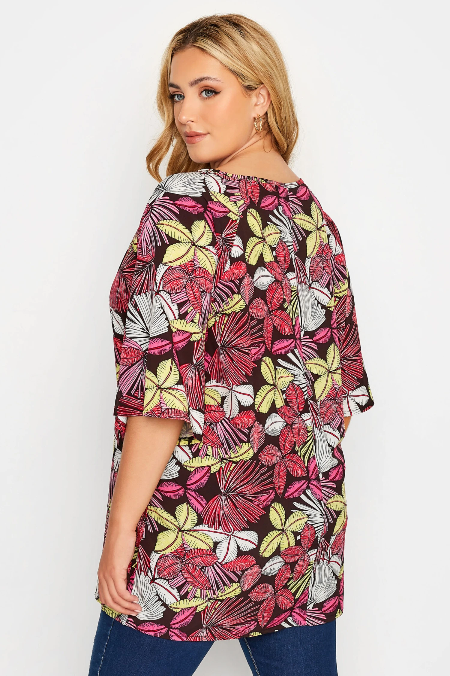 YOURS Curve Black Tropical Print Tie Neck Top 4 YOURS Curve Black Tropical Print Tie Neck Top - Image 2
