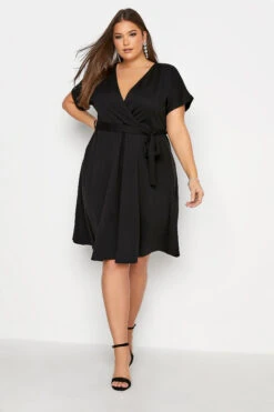 YOURS LONDON Curve Black Tie Waist Wrap Midi Dress
