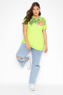 YOURS Curve Lime Green Floral Embellished Sequin T-Shirt