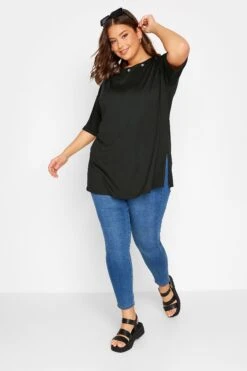 YOURS Curve Black Eyelet Detail Oversized T-Shirt