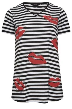 YOURS Curve Black Stripe Lips Printed T-Shirt -Plus Size Apparel Shop 2e8e86f0 5322 48 302167 X