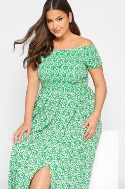 YOURS Curve Green Floral Shirred Bardot Maxi Dress -Plus Size Apparel Shop 345a3752 8269 4f 137099 D