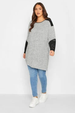 YOURS Curve Grey & Black Soft Touch Faux Leather Top