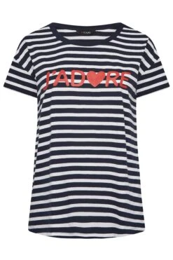 YOURS Curve Navy Blue Stripe 'J'adore' T-Shirt -Plus Size Apparel Shop 37aa153e 5edf 47 320865 X