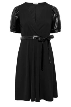 YOURS LONDON Curve Black Leather Look Puff Sleeve Wrap Dress -Plus Size Apparel Shop 3834a1e2 346e 47 161752 X