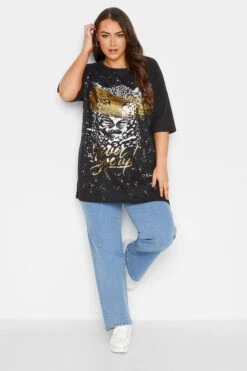 YOURS Curve Black Foil Leopard Graphic T-Shirt