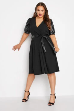 YOURS LONDON Curve Black Leather Look Puff Sleeve Wrap Dress