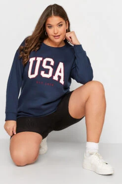 YOURS Curve Navy Blue 'USA' Embroidered Slogan Sweatshirt -Plus Size Apparel Shop 3c811aa7 79ac 47 301133 B