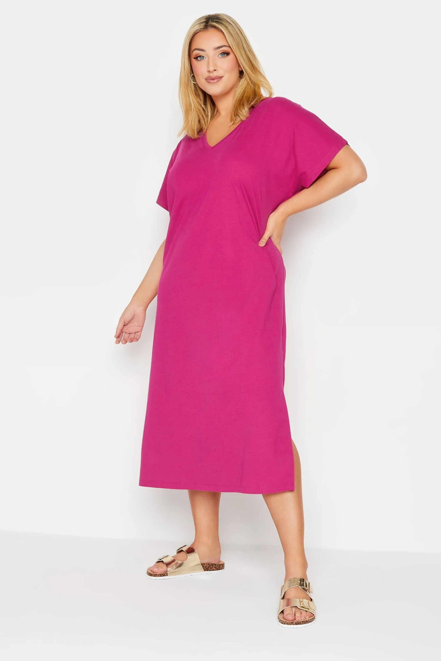 YOURS Curve Pink Side Split Midaxi T-Shirt Dress 3 YOURS Curve Pink Side Split Midaxi T-Shirt Dress