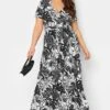YOURS Curve Black & White Floral Leaf Print Front Tie Maxi Dress