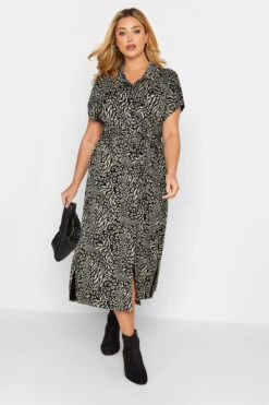 YOURS Curve Black & Beige Animal Print Spilt Hem Maxi Shirt Dress