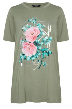 YOURS Curve Khaki Green Floral Foil Print T-Shirt -Plus Size Apparel Shop 465ef091 e93c 40 302182 X