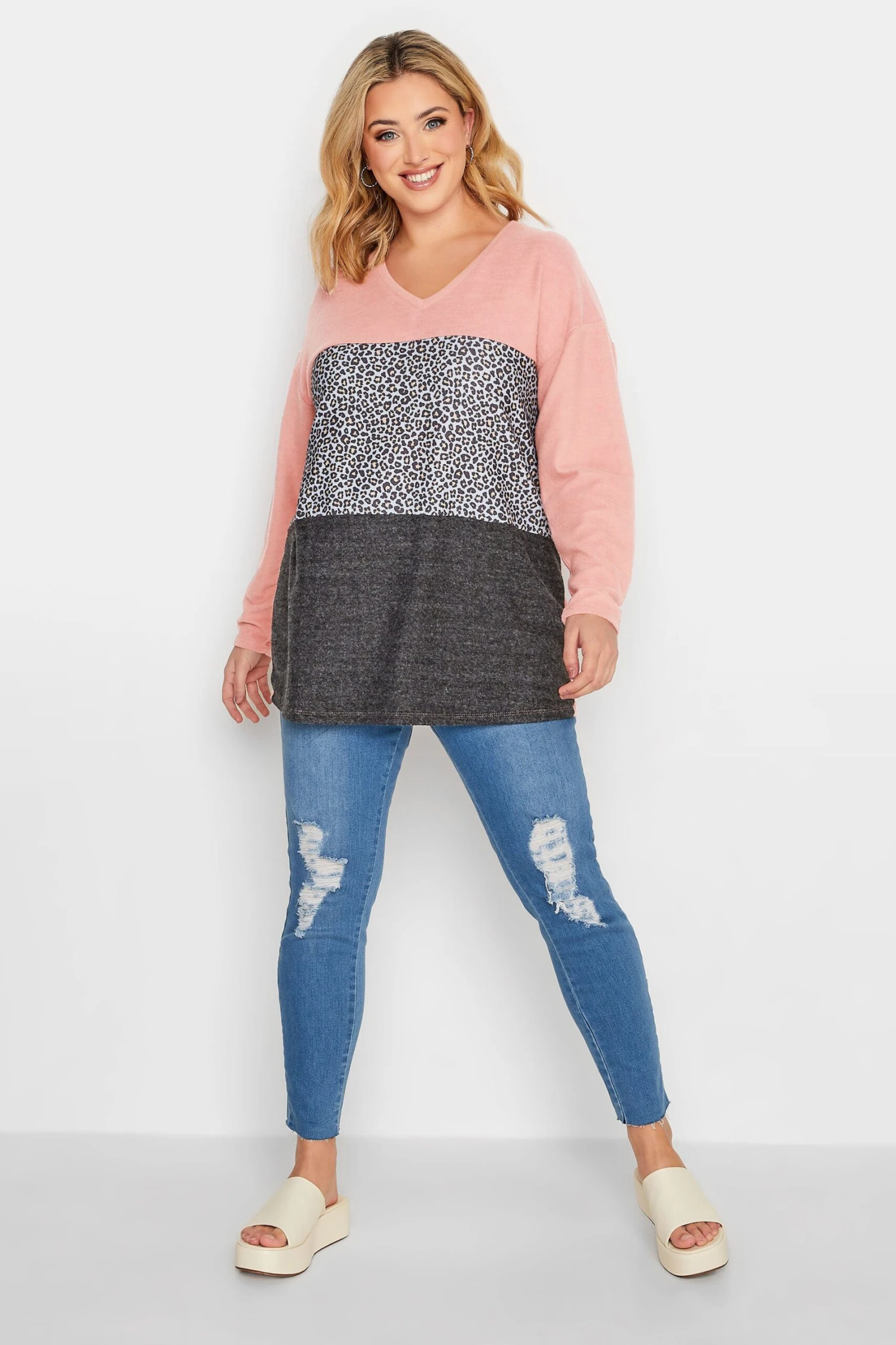 YOURS Curve Pink & Grey Leopard Print Knit Colour Block Soft Touch Top 3 YOURS Curve Pink & Grey Leopard Print Knit Colour Block Soft Touch Top