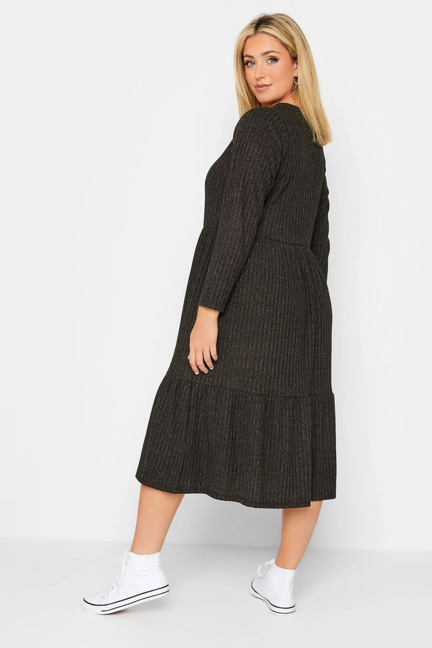 YOURS Curve Charcoal Grey Ribbed Midi Dress 4 YOURS Curve Charcoal Grey Ribbed Midi Dress - Image 2