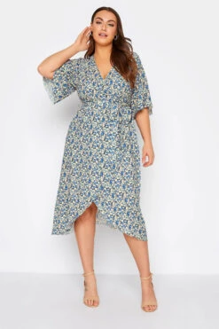 YOURS LONDON Curve Blue Ditsy Floral Wrap Dress