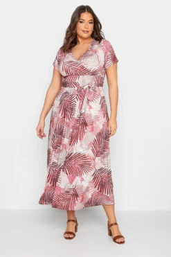 YOURS Curve Pink Leaf Print Wrap Maxi Dress