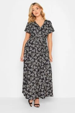 YOURS Curve Black Leaf Print Maxi Wrap Dress