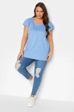 YOURS Curve Blue Frill Sleeve T-Shirt