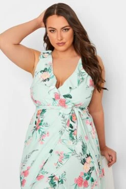 YOURS LONDON Curve Green Floral Print Double Ruffle Wrap Dress -Plus Size Apparel Shop 4f37a027 6311 40 162053 D