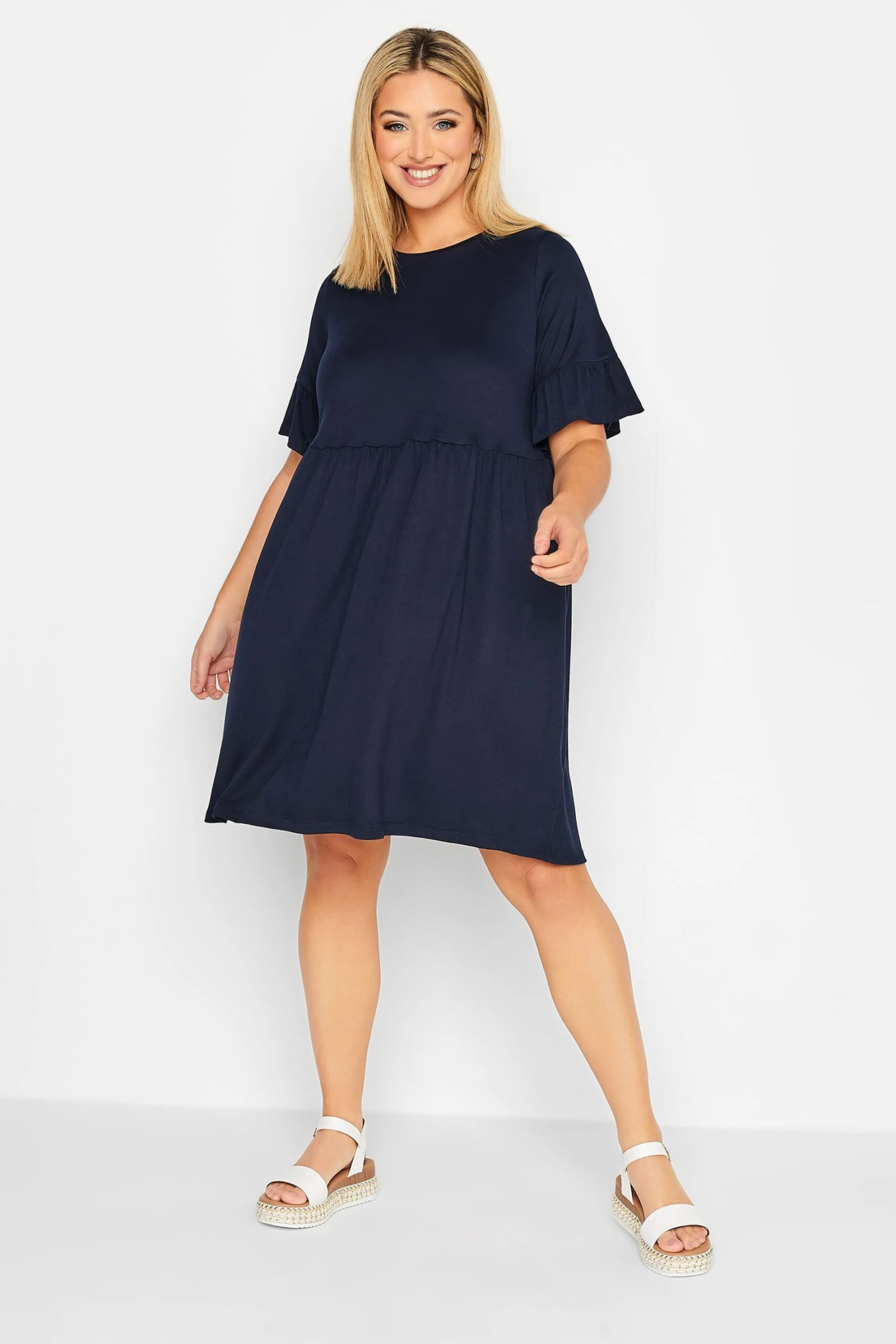 YOURS Curve Navy Blue Frill Sleeve Smock Dress 3 YOURS Curve Navy Blue Frill Sleeve Smock Dress