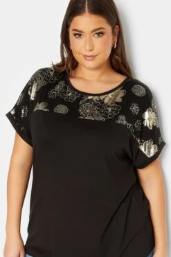 YOURS LUXURY Curve Silver Floral Foil Print Panel Top -Plus Size Apparel Shop 532d8606 77db 47 301648 D