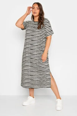 YOURS Curve Grey Stripe Print Maxi T-Shirt Dress -Plus Size Apparel Shop 5632103b 7019 44 137564 A