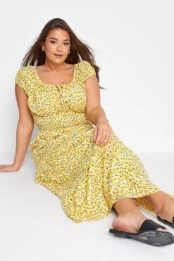 Curve Yellow Floral Print Bardot Maxi Dress -Plus Size Apparel Shop 593b77e9 05b4 4e 137100 A