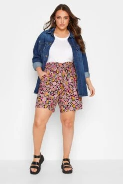 YOURS Curve Black Floral Print Paperbag Waist Shorts