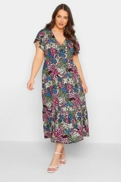 YOURS Curve Black & Green Ditsy Print Frill Sleeve Wrap Maxi Dress