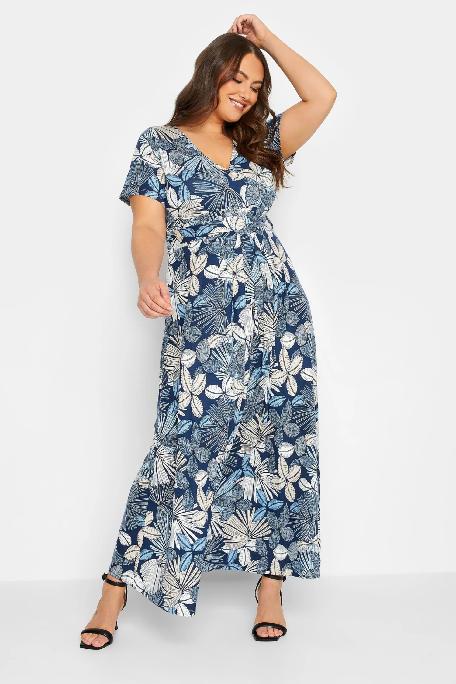 YOURS Curve Blue Leaf Print Wrap Dress 3 YOURS Curve Blue Leaf Print Wrap Dress